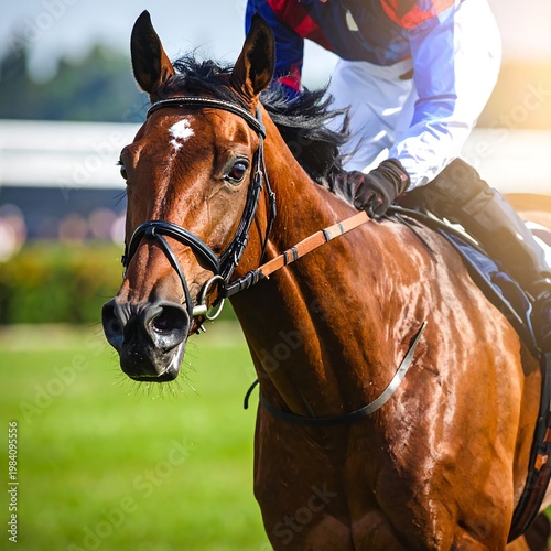A chestnut racehorse with a jockey competing on a vibrant green track