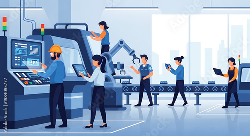 Modern factory with automation and workers using tablets for control and monitoring