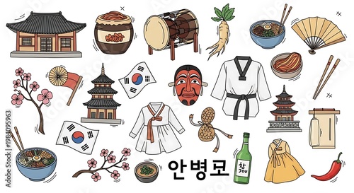 Wallpaper Mural A collection of Korean cultural illustrations, including buildings, food, clothing, and symbols Torontodigital.ca