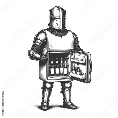 medieval knight with an open chest refrigerator stocked with beer bottles, blending history, humor, and modern lifestyle concepts sketch engraving generative ai vector illustration. Black and white.