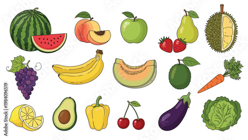Assorted collection of fresh fruits and vegetables like watermelon, bananas, carrots, and eggplant in a detailed flat style.