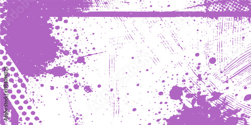 Abstract a unique, expressive grunge-style artwork, splashes and textures in shades of purple, against a pristine background, suitable for adding a distinct visual flair.