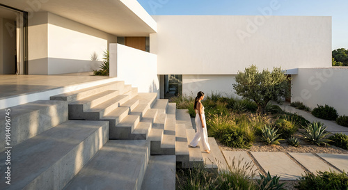A woman in white linen pants and a tank top walks down a wide, modern concrete staircase next to a lush garden with agave plants and an olive tree. 