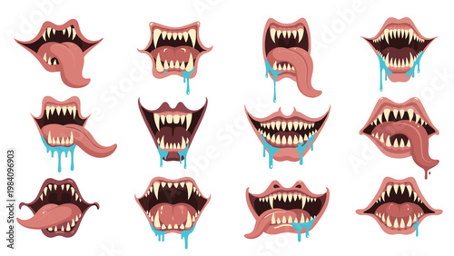 Set of scary monster mouths with sharp vampire fangs and long tongues dripping with blue slime for halloween or horror character design.