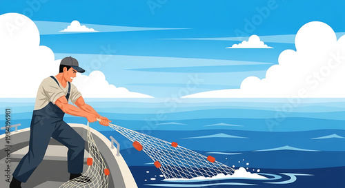 Fisherman pulling a net filled with fish from the sea on a boat