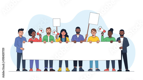 Diverse people standing together and holding a large blank white banner for protest or announcement messages with megaphones and signs.