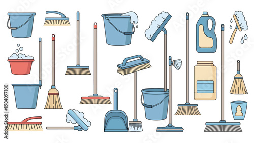 Comprehensive set of cleaning equipment including mops, brooms, buckets, brushes, and detergent bottles for household or professional use.