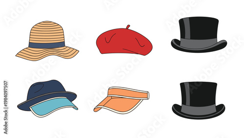 Collection of various hats for different occasions including a sun hat, beret, top hat, fedora, and a visor in multiple colors and styles.