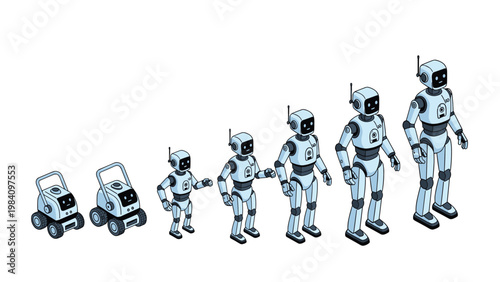 Illustrative evolution of robots from simple rolling machines to advanced humanoid bipedal robots in a blue tech style.