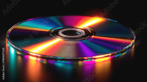Colorful glowing CD with rainbow light trails on dark background