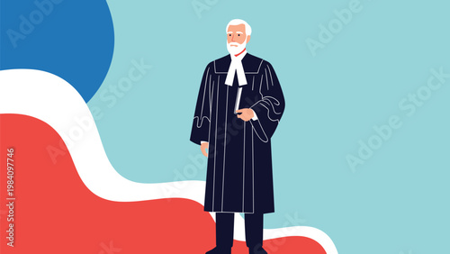 Senior male judge with gray hair and beard wearing traditional black judicial robes and holding a document.