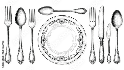 Detailed etching of vintage silver cutlery including forks, spoons, and knives arranged around an ornate decorative plate for fine dining.