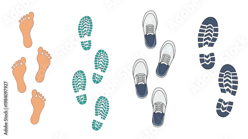 Different types of footprints including barefoot human feet and various shoe and boot soles isolated on a white background.