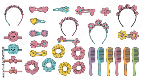 Assorted collection of cute hair accessories for girls featuring flower and heart headbands, scrunchies, clips, and colorful combs.
