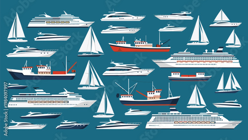 Extensive collection of different water vessels including cruise ships, yachts, sailboats, and fishing boats on a deep blue sea background.