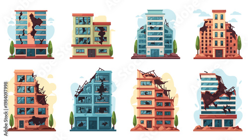 Various ruined and destroyed urban buildings showing damage from war or natural disasters isolated on a plain background.