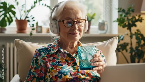 Elderly Woman With Headphones Enjoys a Drink While Watching a Laptop at Home