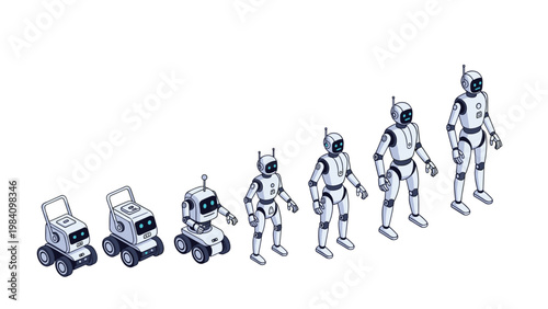 Isometric diagram showing the evolution stages of a robot from a simple wheeled machine to an advanced humanoid.