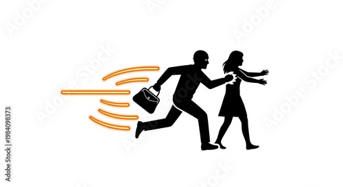 Silhouette illustration of a thief running away with a stolen handbag after pushing a woman