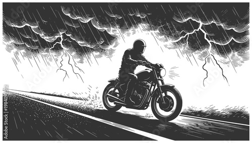 motorcyclist riding under a dramatic thunderstorm with lightning bolts, danger, freedom, and intense journey sketch engraving generative ai vector illustration. Scratch board. Black and white image.