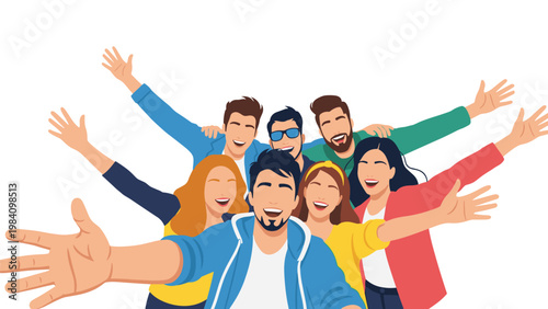 Happy and diverse group of friends posing together for a selfie with arms wide open expressing joy and togetherness.