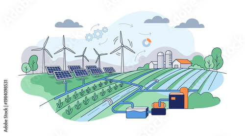Sustainable farm landscape with renewable energy and smart agriculture.