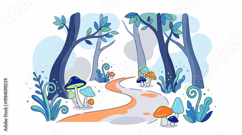 Whimsical forest path with colorful mushrooms and stylized trees.