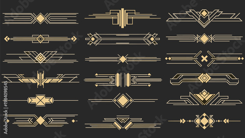 Set of elegant gold colored art deco style dividers and decorative elements on a dark background for luxury design themes.