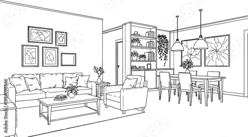 Sketch of a bright and airy living and dining room interior with furniture and wall decorations