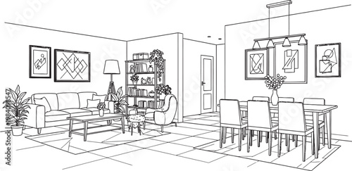 Architectural sketch of a cozy living room interior with bookshelves and wall art