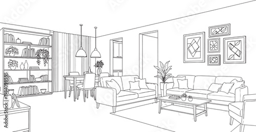 Intricate black and white sketch of a bustling cafe interior with detailed architectural elements and patrons