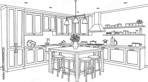 Sketch of a modern kitchen interior design with island and pendant lights