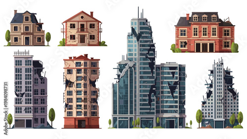 Collection of ruined residential and commercial buildings with visible damage from a catastrophe or disaster.