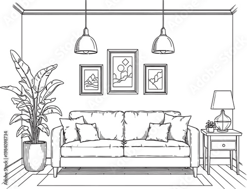 Elegant living room sketch a black and white drawing depicting a cozy and stylish interior space with furniture and decor
