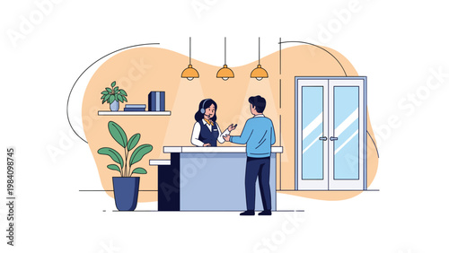Receptionist wearing a headset assisting a customer at a modern office or hotel reception desk in this clean vector illustration.