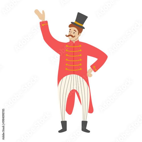 Professional circus announcer or ringmaster wearing a red tailcoat and black top hat. Flat vector illustration of a carnival presenter character isolated on white background.