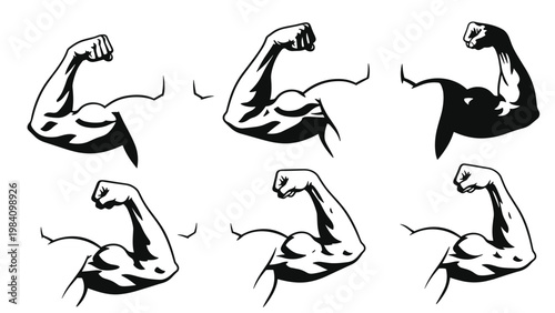 Collection of black and white graphic icons showing a strong muscular arm flexing to represent fitness and bodybuilding.