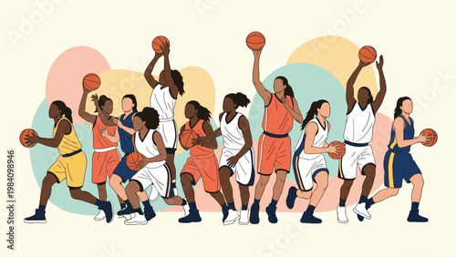 Dynamic illustration of female basketball players in various action poses like dribbling, shooting, and jumping on a colorful background.