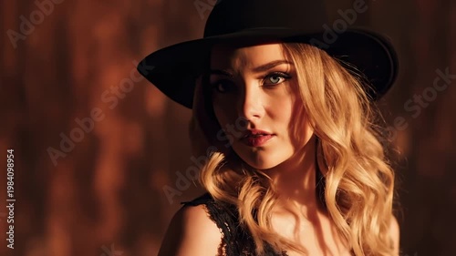 Elegant Woman Wearing Black Hat and Lace Top, Looking Directly at Camera With Intense Gaze