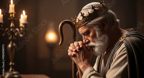 A crowned, elderly figure kneels in prayer, bathed in candlelight, staff at their side