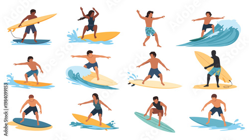 Illustration set of surfers in diverse poses riding waves or carrying their boards, capturing the spirit of ocean sports.