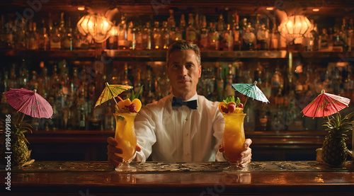 Bartender serves colorful cocktails in bar with umbrellas and bottles background