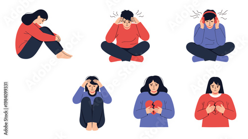 Various people experiencing sadness and emotional distress, depicting themes of depression, heartbreak, and mental health struggles in daily life.