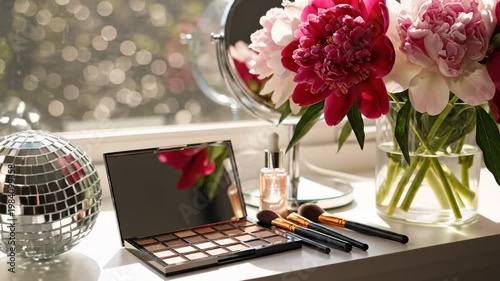 Glamorous Makeup Vanity With Peonies, Disco Ball, and Eye Shadow Palette