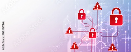 Abstract Digital Composition Featuring Red Symbols and Circuits