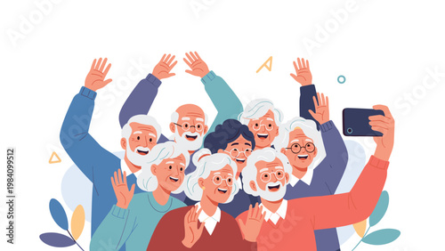 Group of cheerful senior men and women taking a group selfie with a modern smartphone while waving and smiling together in a social gathering.