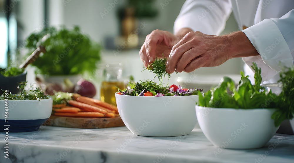 Naklejka premium Hands chopping fresh herbs while preparing salad on kitchen table