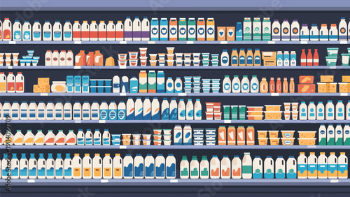 Organized supermarket shelves filled with various dairy products like milk and yogurt bottles in a pixel art style.