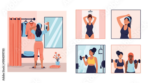 Collage of women engaging in fitness activities including lifting weights, showering, and getting ready in a locker room.