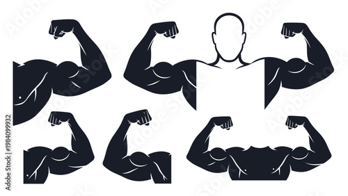 Silhouettes of muscular male arms flexing biceps, representing strength, bodybuilding, fitness, and physical power for gym-related graphics.
